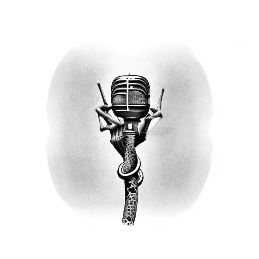 A detailed black and grey tattoo of a skeletal hand holding a microphone, with a snake coiled around the wrist and the uroboros symbol integrated into the background tattoo design idea