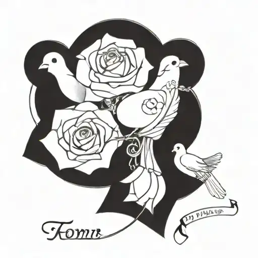 roses and doves and Roman numerals intertwined tattoo design idea