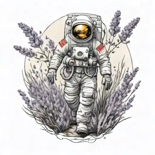 astronaut walking in a field of lavender flower tattoo design idea
