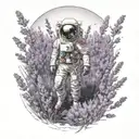 astronaut walking in a field of lavender flower tattoo design idea