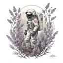 astronaut walking in a field of lavender flower tattoo design idea