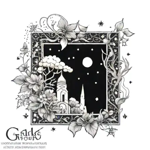 An intricate dotwork tattoo of a serene garden with a starry night sky, incorporating elements of Van Gogh's iconic style tattoo design idea