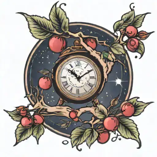 cherry tree arm sleeve, clock, sagittarius constellation tattoo design idea