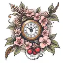 cherry tree arm sleeve, clock, sagittarius constellation tattoo design idea