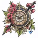 cherry tree arm sleeve, clock, sagittarius constellation tattoo design idea