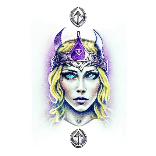 dagger with Viking letters and a quote from Freya surrounded by dark purple roses tattoo design idea