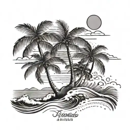 A beach scene with palm trees and waves, incorporating phrases in different languages the client has learned during their travels tattoo design idea