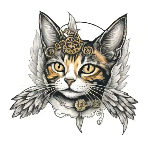 A realistic portrait of Sophie the calico cat, with angel wings and a halo, symbolizing her passing but eternal presence in your life tattoo design idea