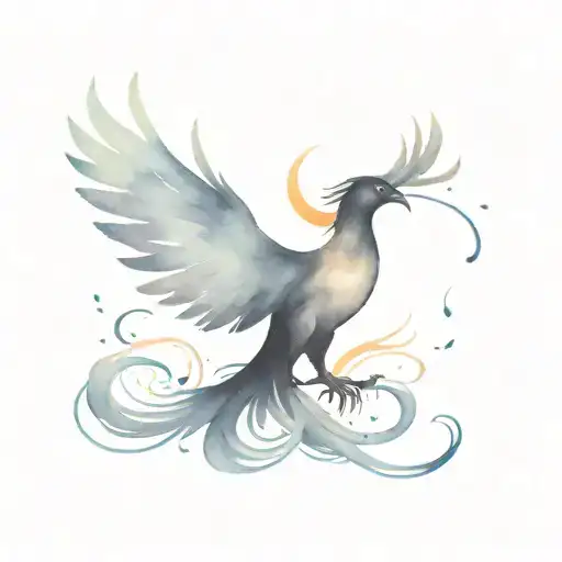 Black minimalist ink phoenix rising with watercolor shadow tattoo design idea