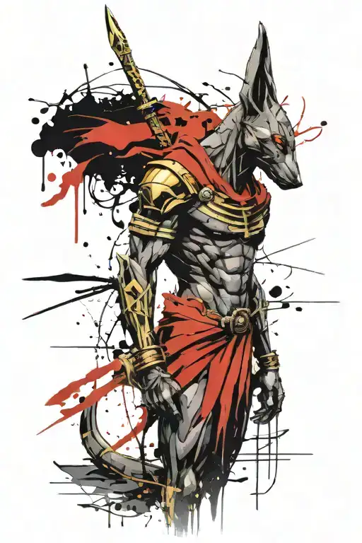 Anubis in full growth with two swords in his hands tattoo design idea