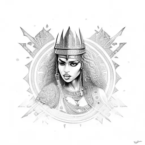 warrior queen with curly hair north african features and traditional clothes tattoo design idea