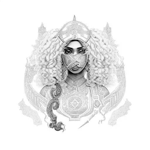 warrior queen with curly hair north african features and traditional clothes tattoo design idea