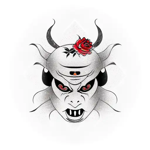 The kabuki mask, which holds a rose in its mouth, is predominantly black with the addition of a rich red color like from tattoo design idea