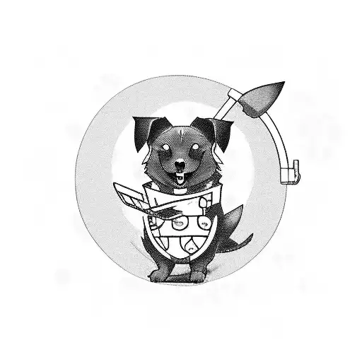 An anime-inspired blackwork tattoo of a dog catching a Pokémon with a pest control tool tattoo design idea