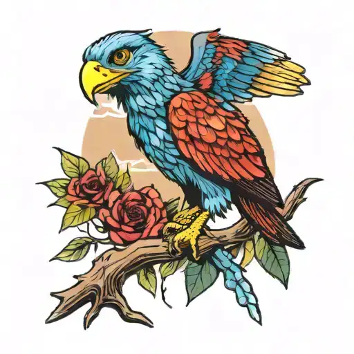 A raptor bird perched on a tree branch, with a paintbrush in its beak and a palette of colors at its feet tattoo design idea