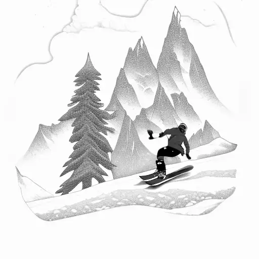 A snowboarder in mountain with red jacket and black pants and black and red boots with white snowboard look to the peak tattoo design idea