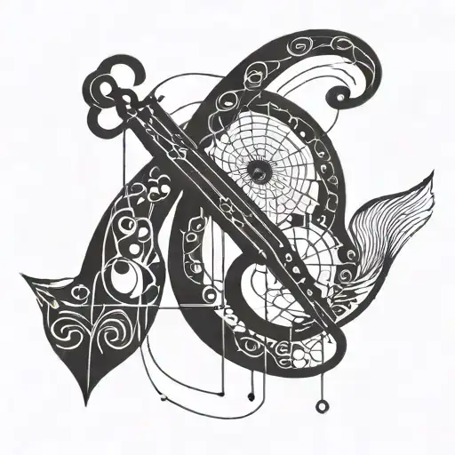 A geometric design incorporating musical notes and fishing hooks tattoo design idea