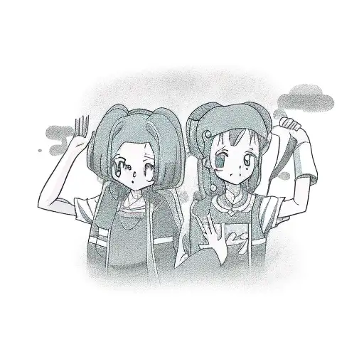 An anime-style illustration of Buffy and Lorelai Gilmore having a witty conversation tattoo design idea