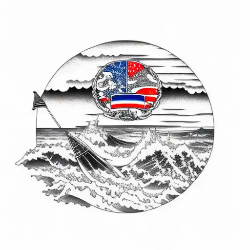 line art of the coast of France with the Alaskan flag and a touch of golf tattoo design idea