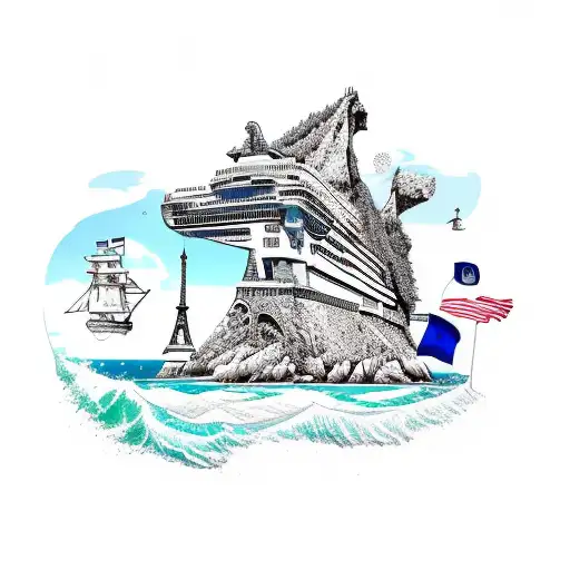 line art of the coast of France with the Alaskan flag and a touch of golf tattoo design idea
