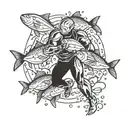 Ironman triathlon silhouette with a school of fish swimming around it tattoo design idea