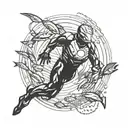 Ironman triathlon silhouette with a school of fish swimming around it tattoo design idea