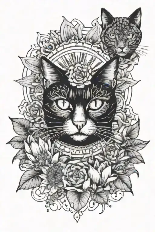 a black cat, the sun of the flag of Uruguay, and the lotus, daisy and aster flowers tattoo design idea