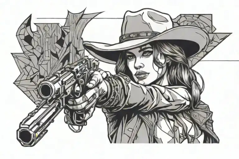 cowgirl gunslinger holding pistol tattoo design idea