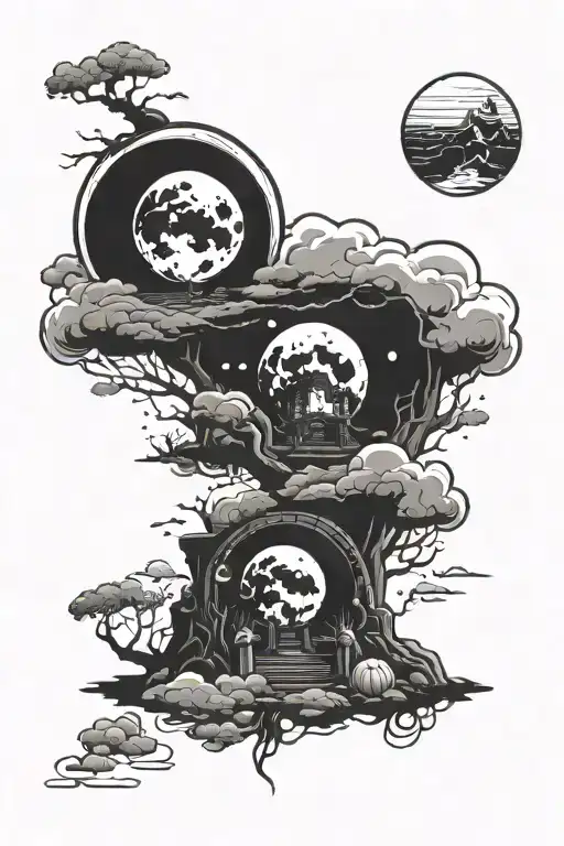 animated sun and clouds above dragon balls inside a graveyard. tattoo design idea