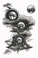 animated sun and clouds above dragon balls inside a graveyard. tattoo design idea