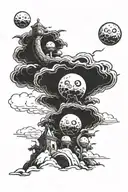 animated sun and clouds above dragon balls inside a graveyard. tattoo design idea