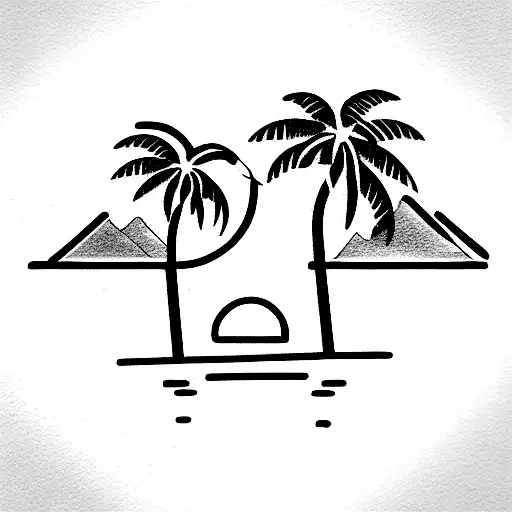 ocean with mountains, houses and palm trees tattoo design idea