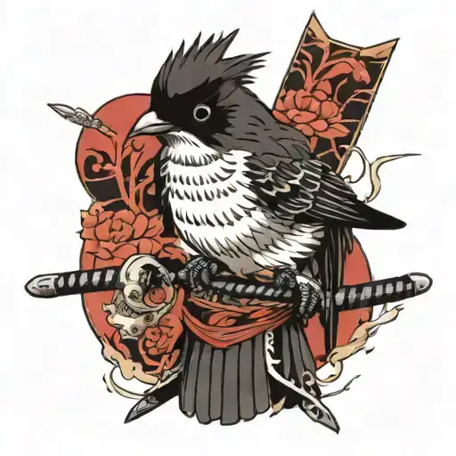 willy wagtail wearing samurai armor, perched on a samurai sword tattoo design idea