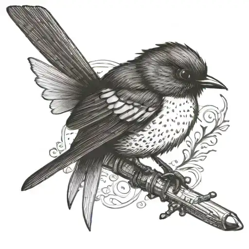 willy wagtail wearing samurai armor, perched on a samurai sword tattoo design idea