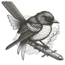 willy wagtail wearing samurai armor, perched on a samurai sword tattoo design idea