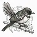 willy wagtail wearing samurai armor, perched on a samurai sword tattoo design idea