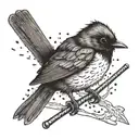 willy wagtail wearing samurai armor, perched on a samurai sword tattoo design idea
