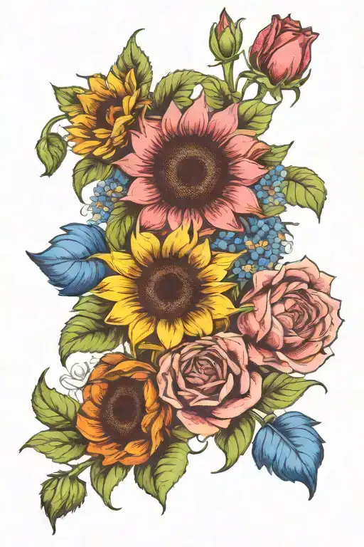 sunflower, red rose, bluebell, red tulip, white  daisy flower tattoo design idea