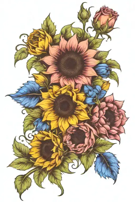 sunflower, rose, bluebell flower design tattoo design idea