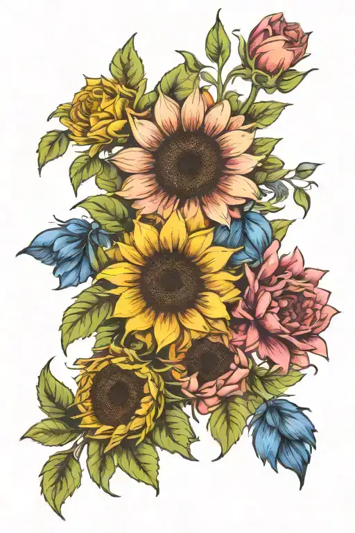sunflower, rose, bluebell, tulip, daisy flower tattoo design idea