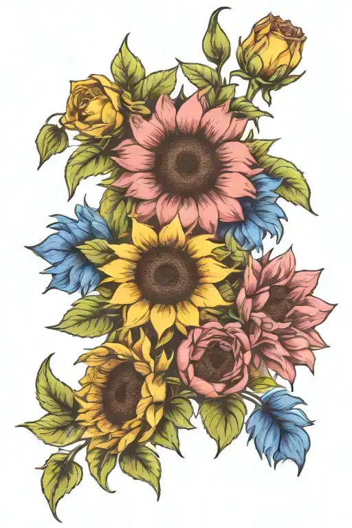 sunflower, rose, bluebell flower design tattoo design idea