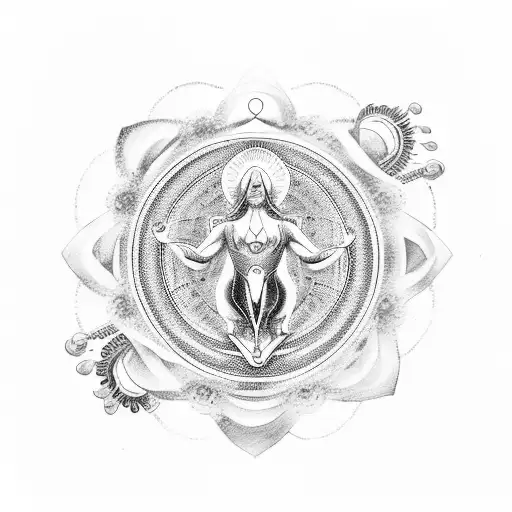 Meditating Aquarius figure with motorcycle wheels as energy chakras tattoo design idea
