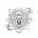 Meditating Aquarius figure with motorcycle wheels as energy chakras tattoo design idea