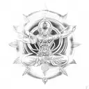 Meditating Aquarius figure with motorcycle wheels as energy chakras tattoo design idea