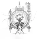 Meditating Aquarius figure with motorcycle wheels as energy chakras tattoo design idea