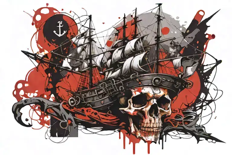 skull ship and anchor tattoo design idea