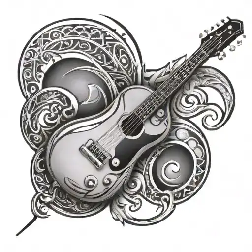 A tribal design incorporating musical instruments and rugby elements tattoo design idea