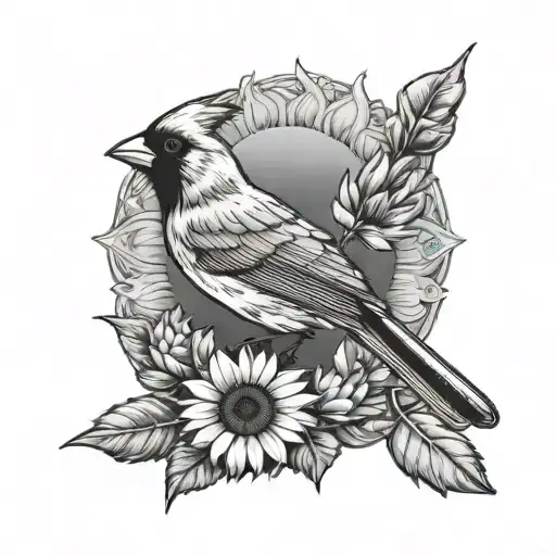 A tranquil scene of a cardinal perched on a sunflower tattoo design idea
