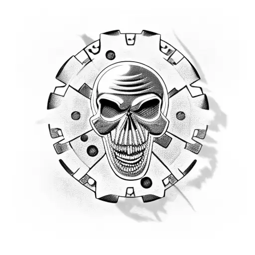 A laughing skull with gears and wrenches for teeth tattoo design idea