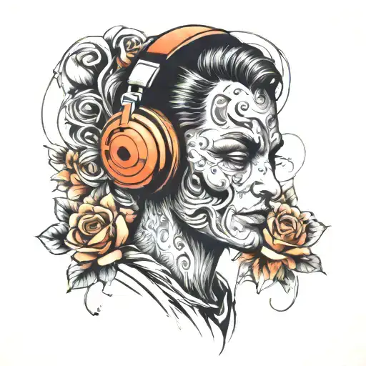 blank face, headphones listening to music, blocking out background noise  tattoo design idea